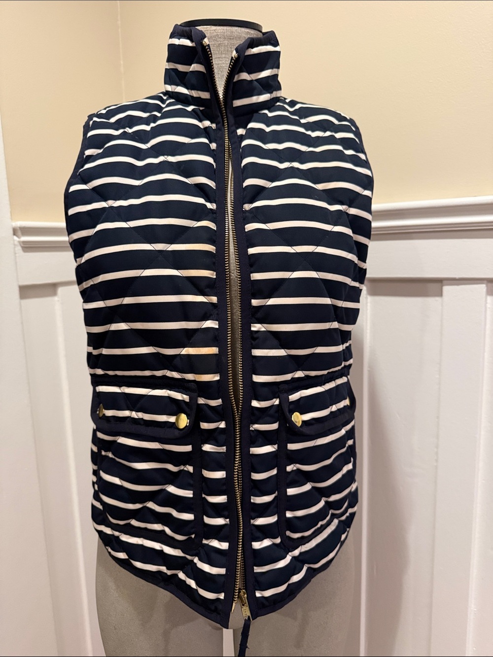 J crew navy stripe down puffer vest